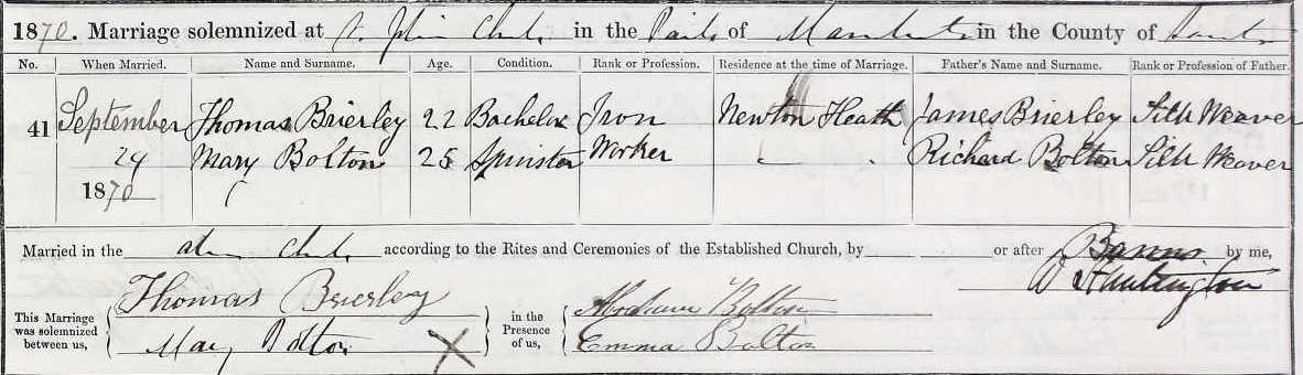 Taken on September 24th, 1870 and sourced from Certificate - Marriage.