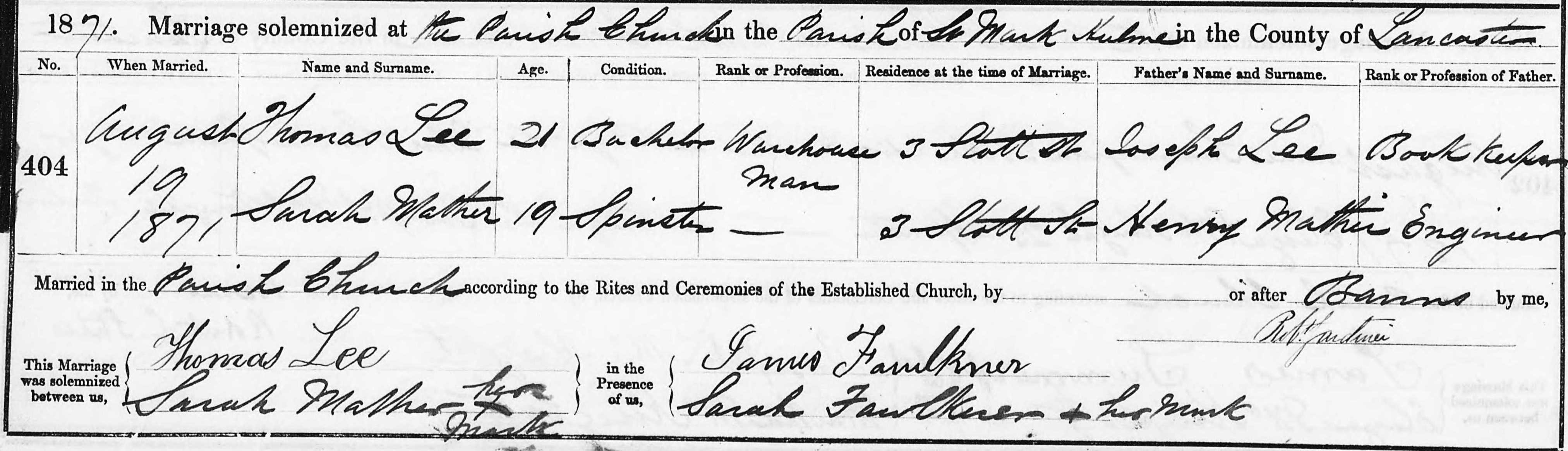 Taken on August 19th, 1871 and sourced from Certificate - Marriage.