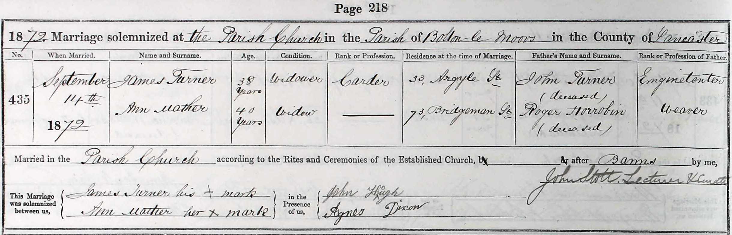 Taken on September 14th, 1872 and sourced from Certificate - Marriage.