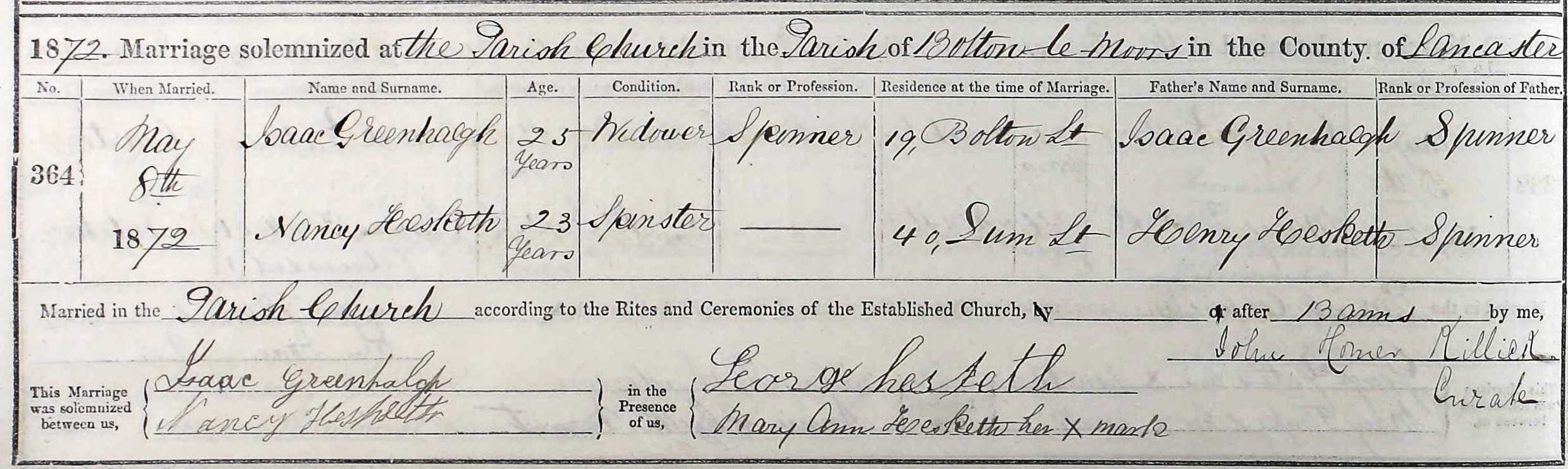 Taken on May 8th, 1872 and sourced from Certificate - Marriage.