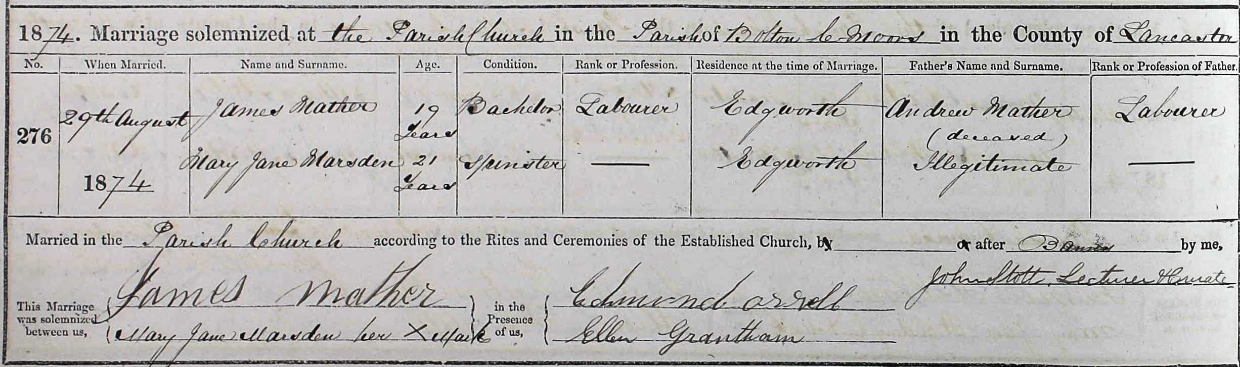 Taken on August 29th, 1874 and sourced from Certificate - Marriage.