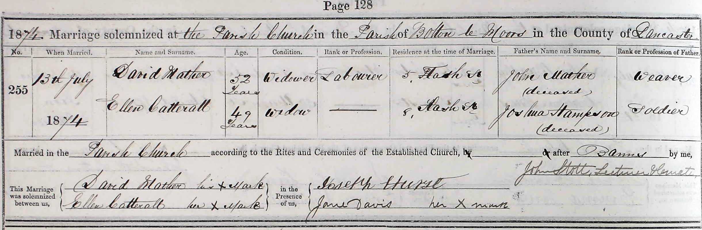 Taken on July 13th, 1874 and sourced from Certificate - Marriage.