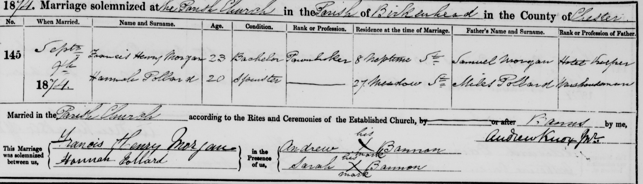 Taken on September 9th, 1874 in Birkenhead and sourced from Certificate - Marriage.