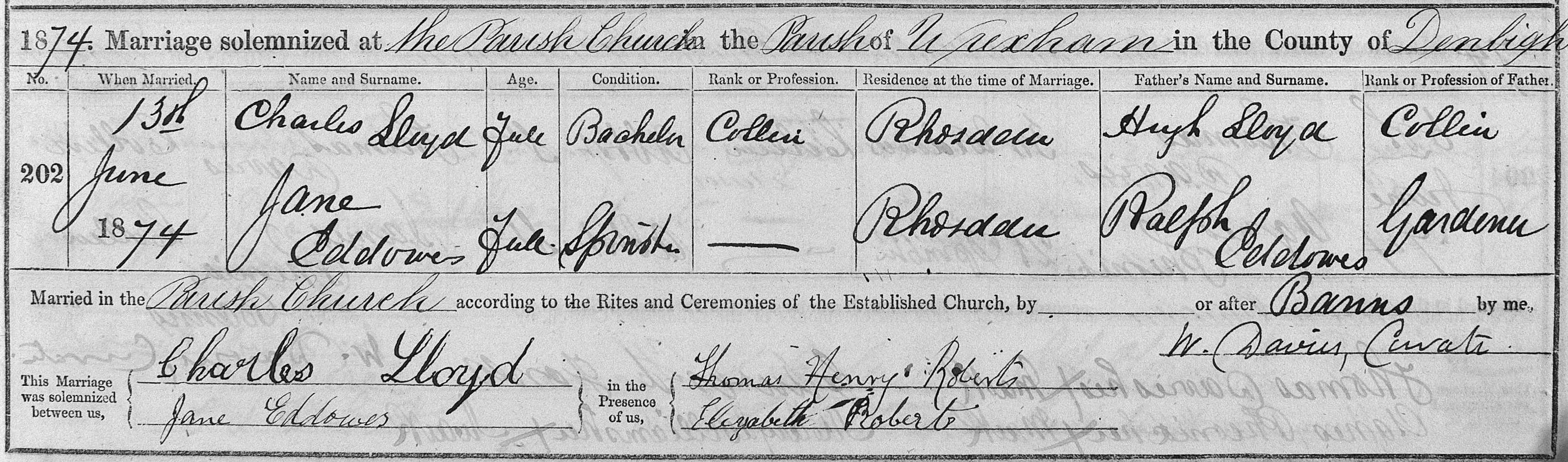 Taken on June 13th, 1874 and sourced from Certificate - Marriage.