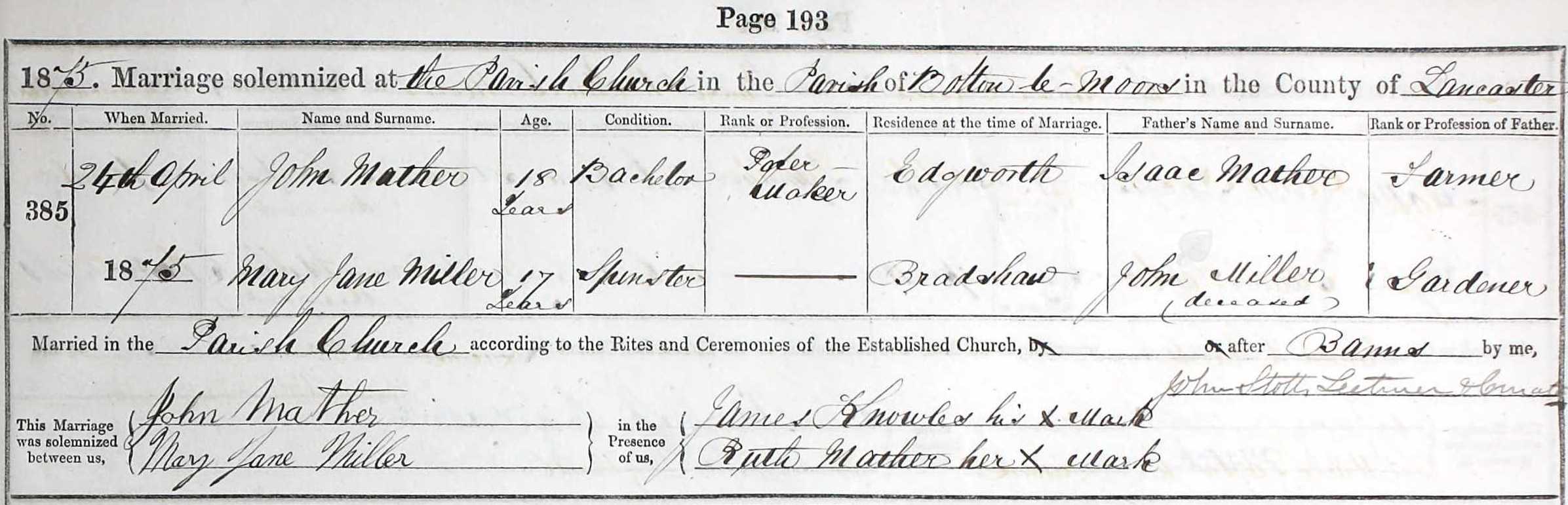 Taken on April 24th, 1875 and sourced from Certificate - Marriage.