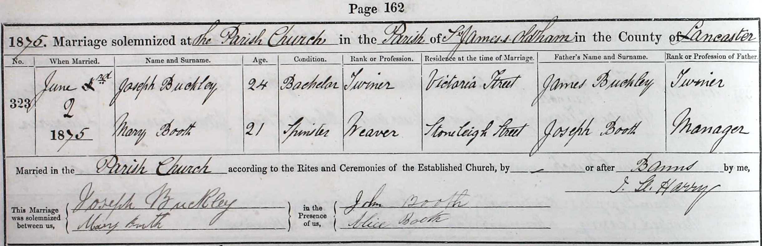 Taken on June 2nd, 1875 and sourced from Manchester CoE Marriages & Banns 1753-1930.