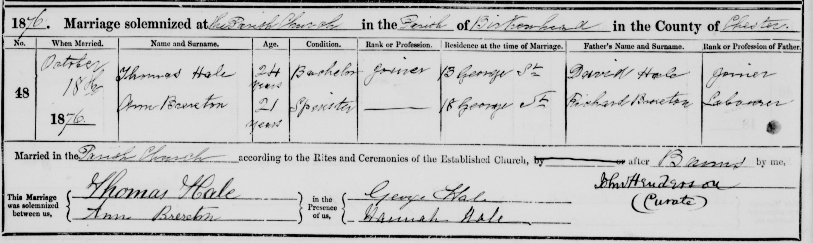 Taken on October 18th, 1876 at St. Mary (Birkenhead) and sourced from Certificate - Marriage.