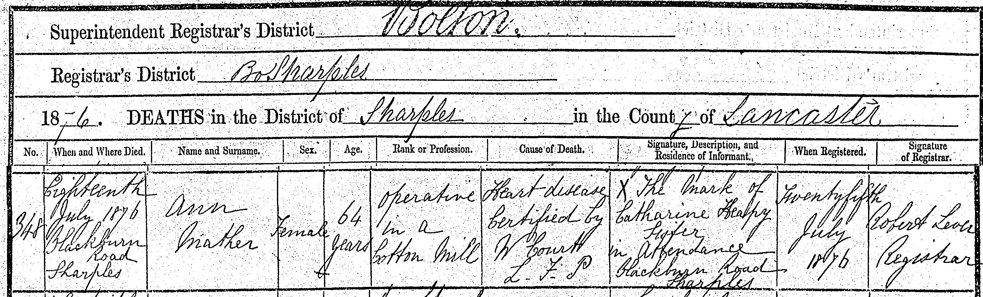 Taken on July 18th, 1876 and sourced from Certificate - Death.