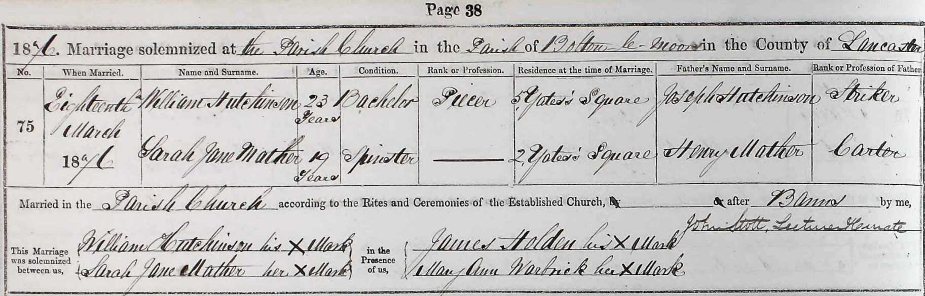 Taken on March 18th, 1876 and sourced from Certificate - Marriage.