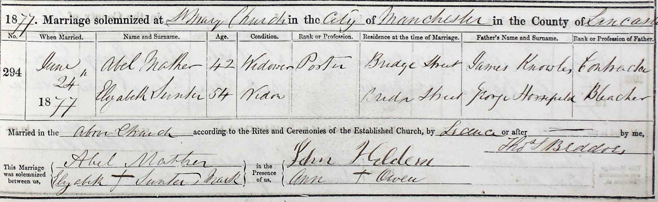 Taken on June 24th, 1877 and sourced from Certificate - Marriage.