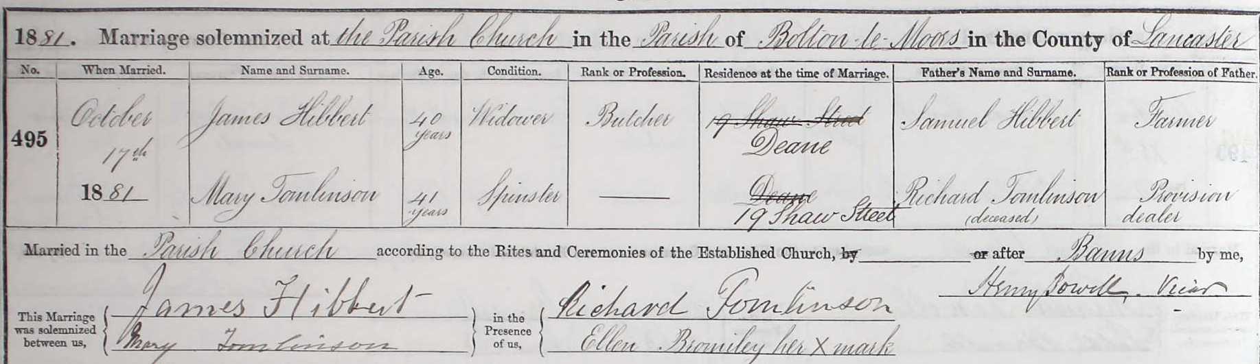 Taken on October 17th, 1881 and sourced from Certificate - Marriage.