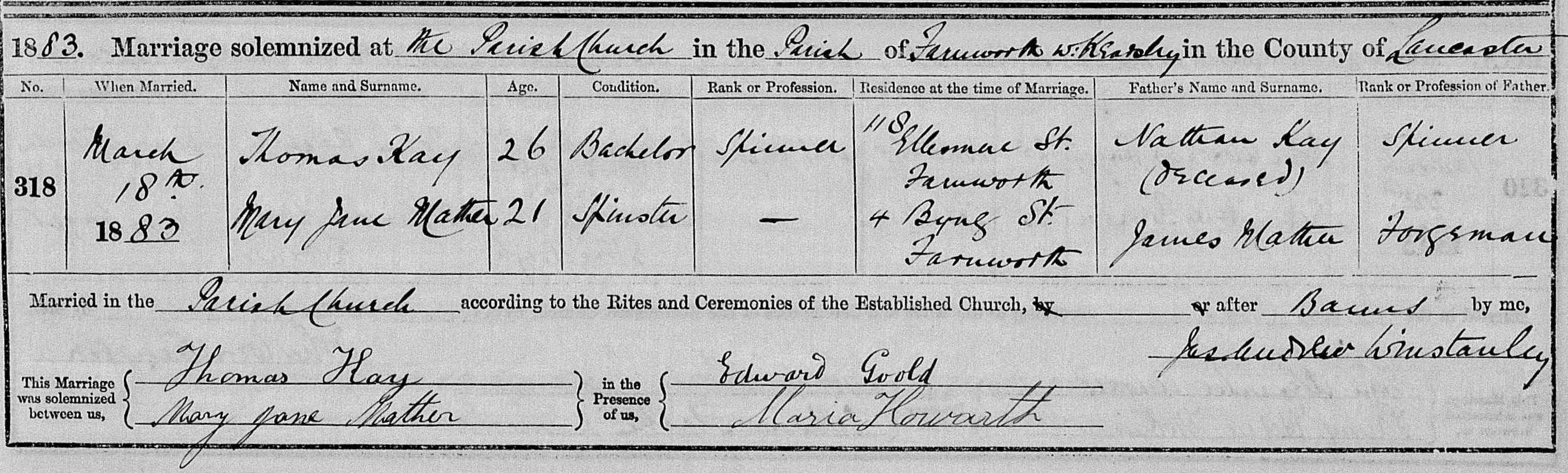 Taken on March 18th, 1883 and sourced from Certificate - Marriage.