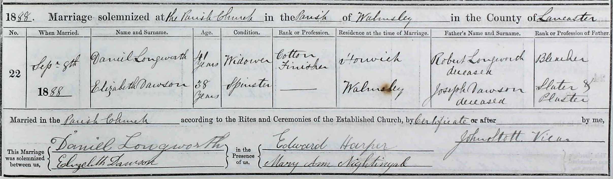 Taken on September 8th, 1888 and sourced from Manchester CoE Marriages & Banns 1753-1930.