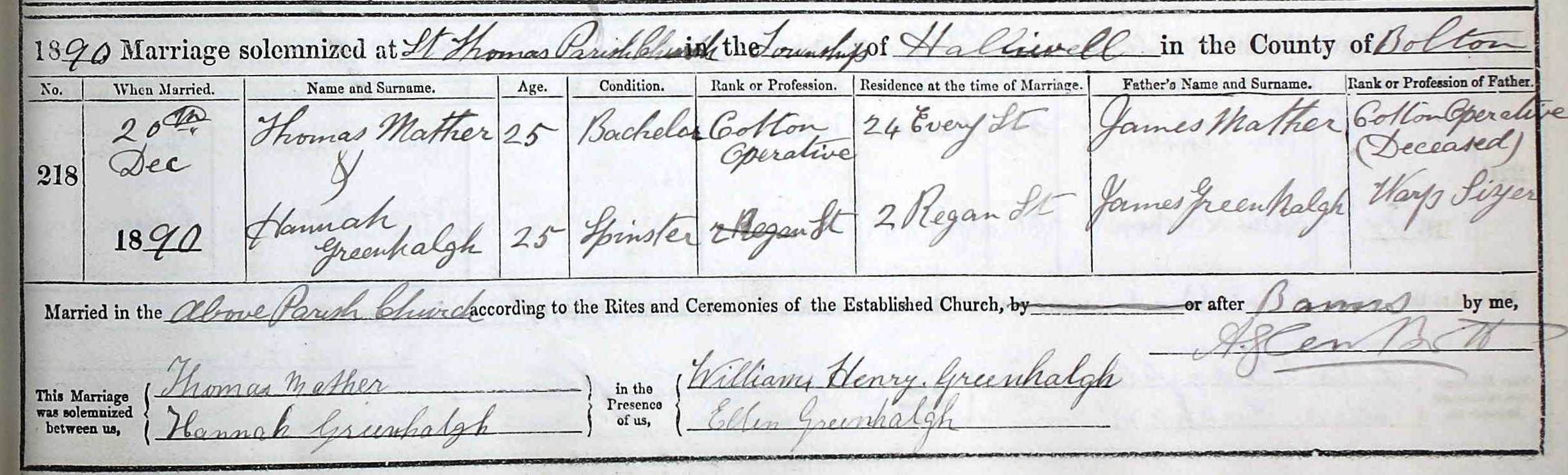 Taken on December 20th, 1890 and sourced from Certificate - Marriage.