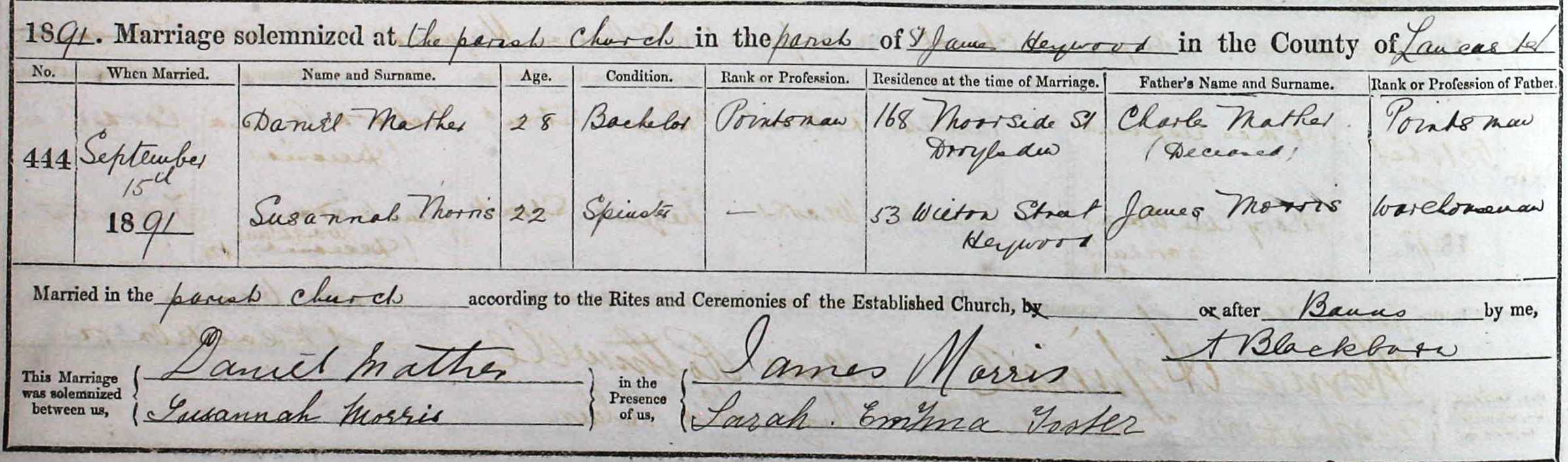 Taken on September 15th, 1891 and sourced from Certificate - Marriage.