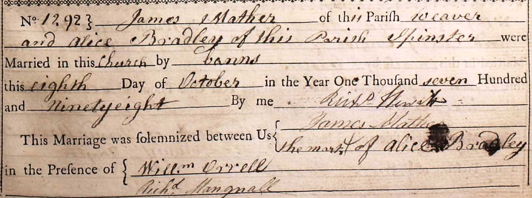 Taken on October 8th, 1798 and sourced from Certificate - Marriage.