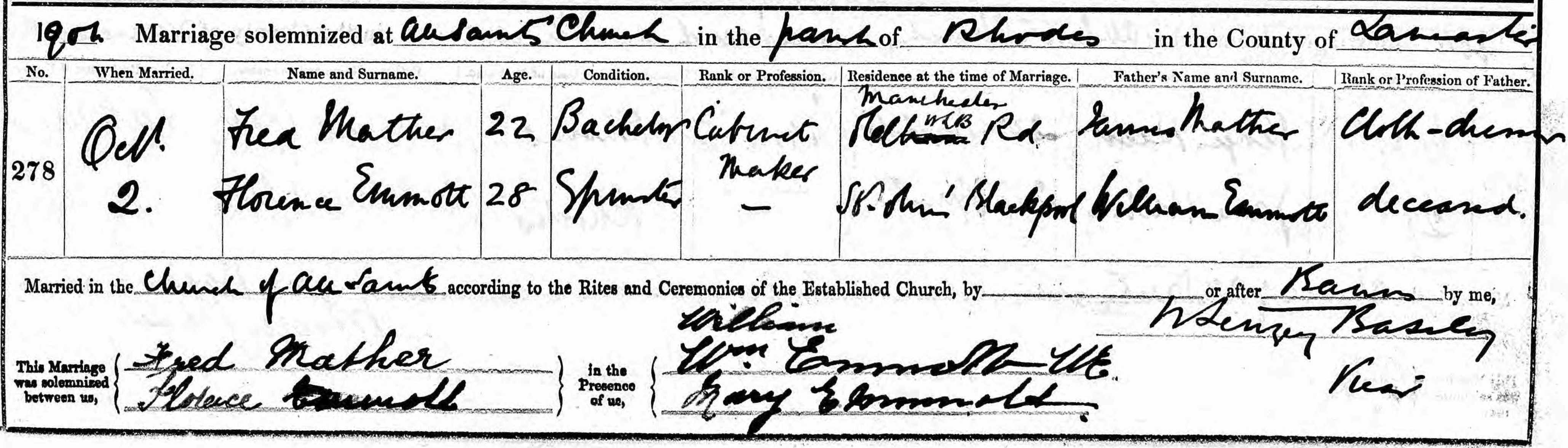 Taken on October 2nd, 1901 in Rhodes (nr. Middleton) and sourced from Certificate - Marriage.