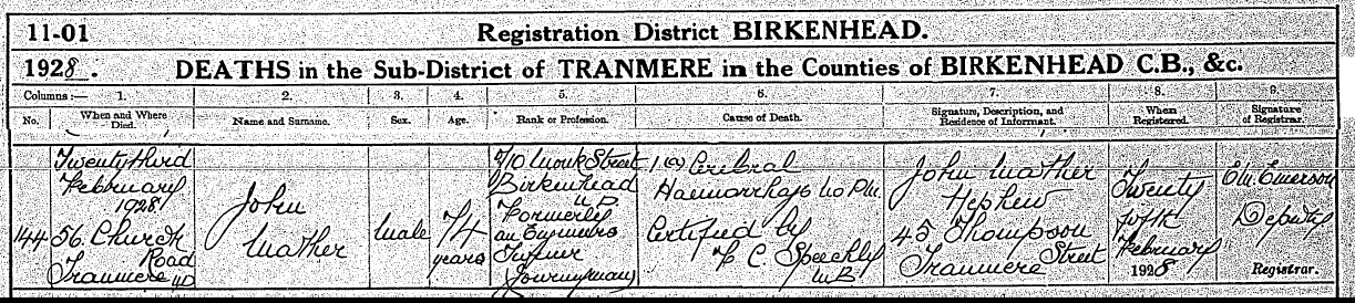 Taken on February 23rd, 1928 in Birkenhead and sourced from Certificate - Death.